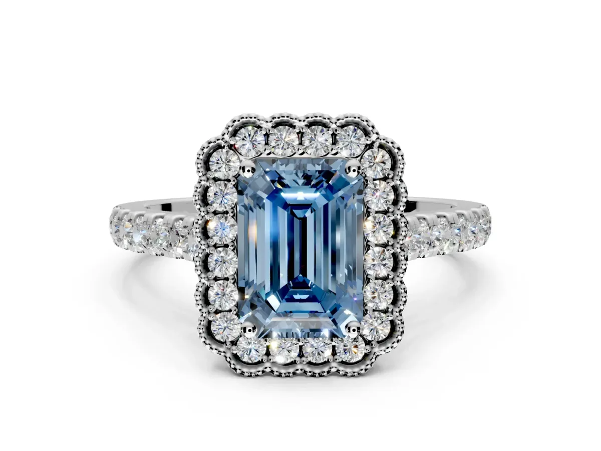 Milgrain Floral Halo Engagement Ring Setting for Fancy Blue Emerald Cut Center with Pave Band and Prong Head in White Gold