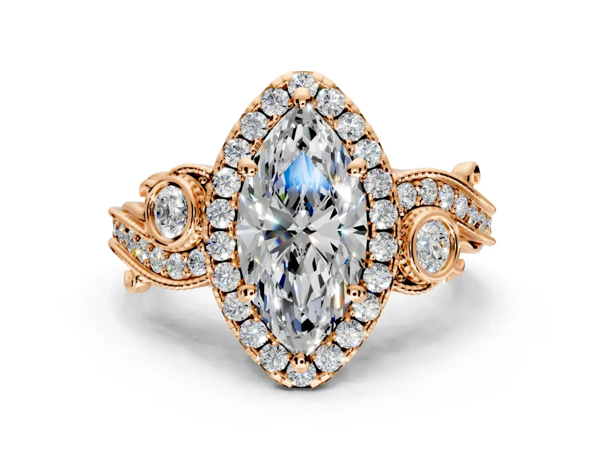 Milgrain Halo Engagement Ring Setting for Marquise Center with Shoulder Bezels and Prong Head in Rose Gold