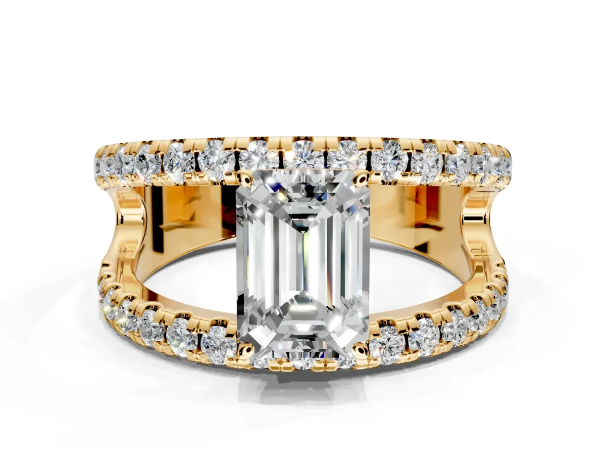 Solitaire Engagement Ring Setting for Emerald Cut Center with Wide-Open Split Shank and Prong Head in Yellow Gold