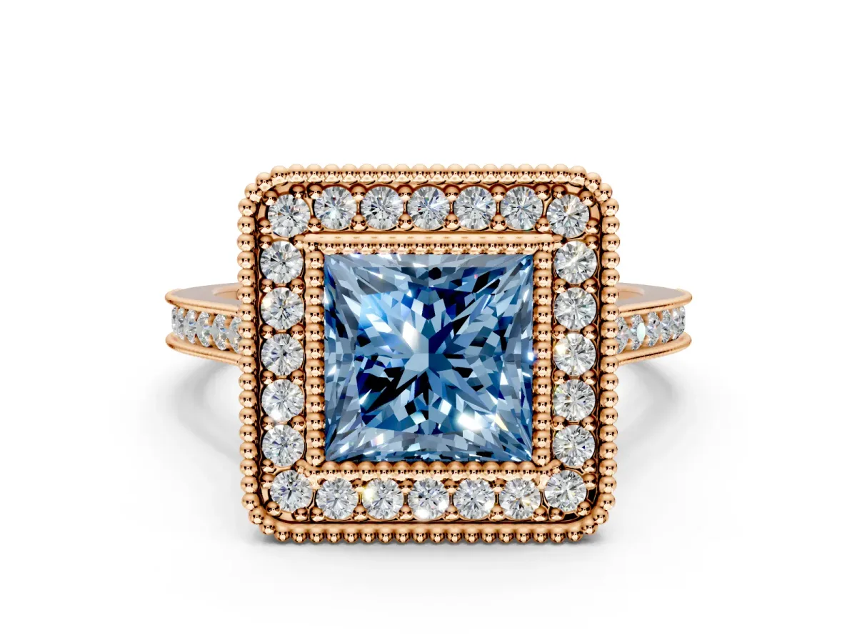 Halo Engagement Ring Setting for Fancy Blue Princess Cut Center with Milgrain Frame, Pave Band and Prong Head in Rose Gold