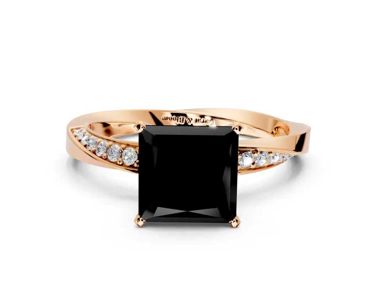 Side Accent Engagement Ring Setting for Fancy Black Princess Cut Center with Accent Shoulders and Prong Head in Rose Gold