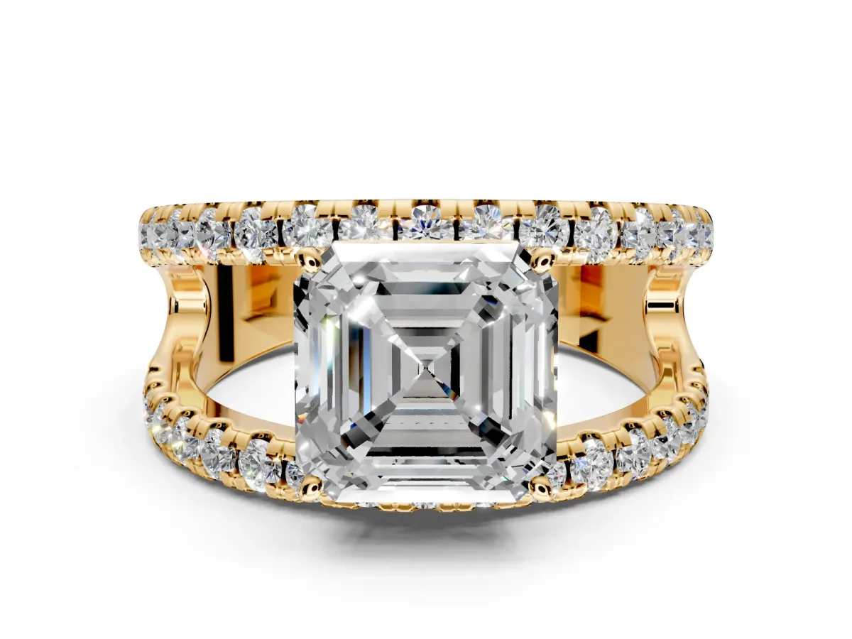 Solitaire Engagement Ring Setting for Asscher Cut Center with Wide-Open Split Shank and Prong Head in Yellow Gold
