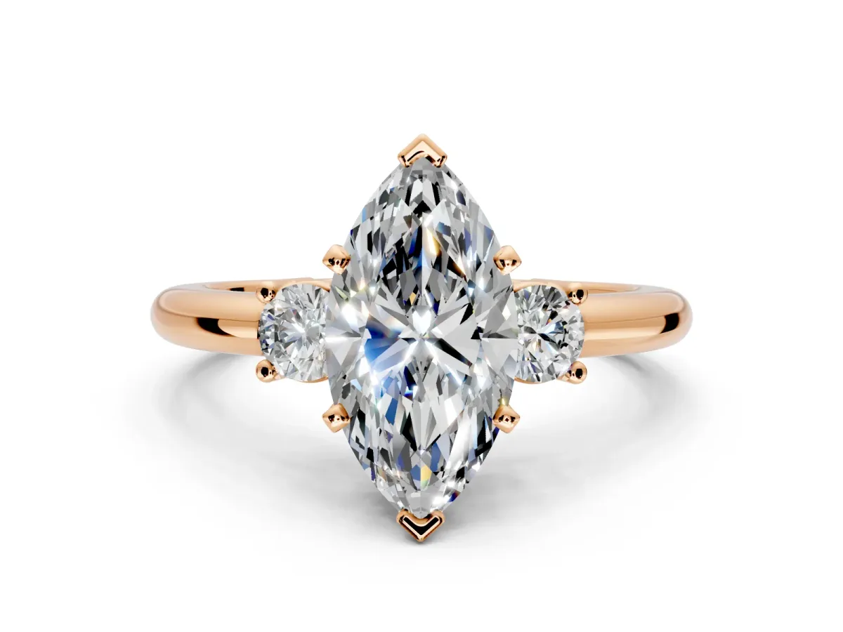 3 Stone Engagement Ring Setting for Marquise Center with Wide Plain Band and Prong Head in Rose Gold
