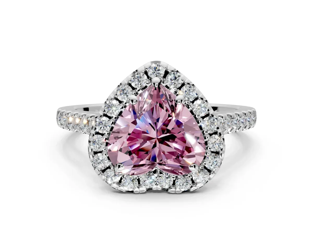 Halo Engagement Ring Setting for Fancy Pink Heart-Shaped Center with Raised Halo, Pave Band and Prong Head in White Gold