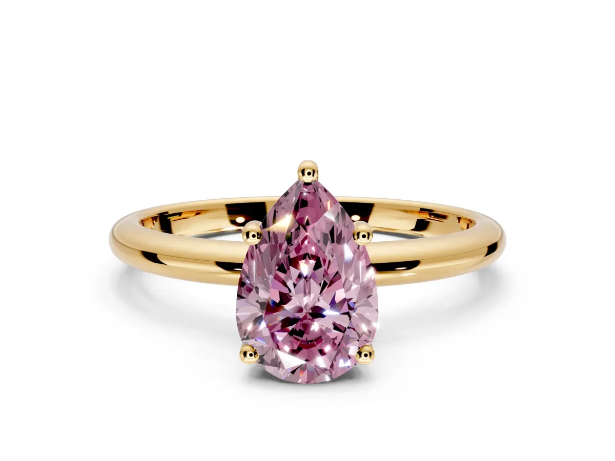 Hidden Halo Engagement Ring Setting for Fancy Pink Pear-Shaped Center with Thin Round-Wire Band and Prong Head in Yellow Gold