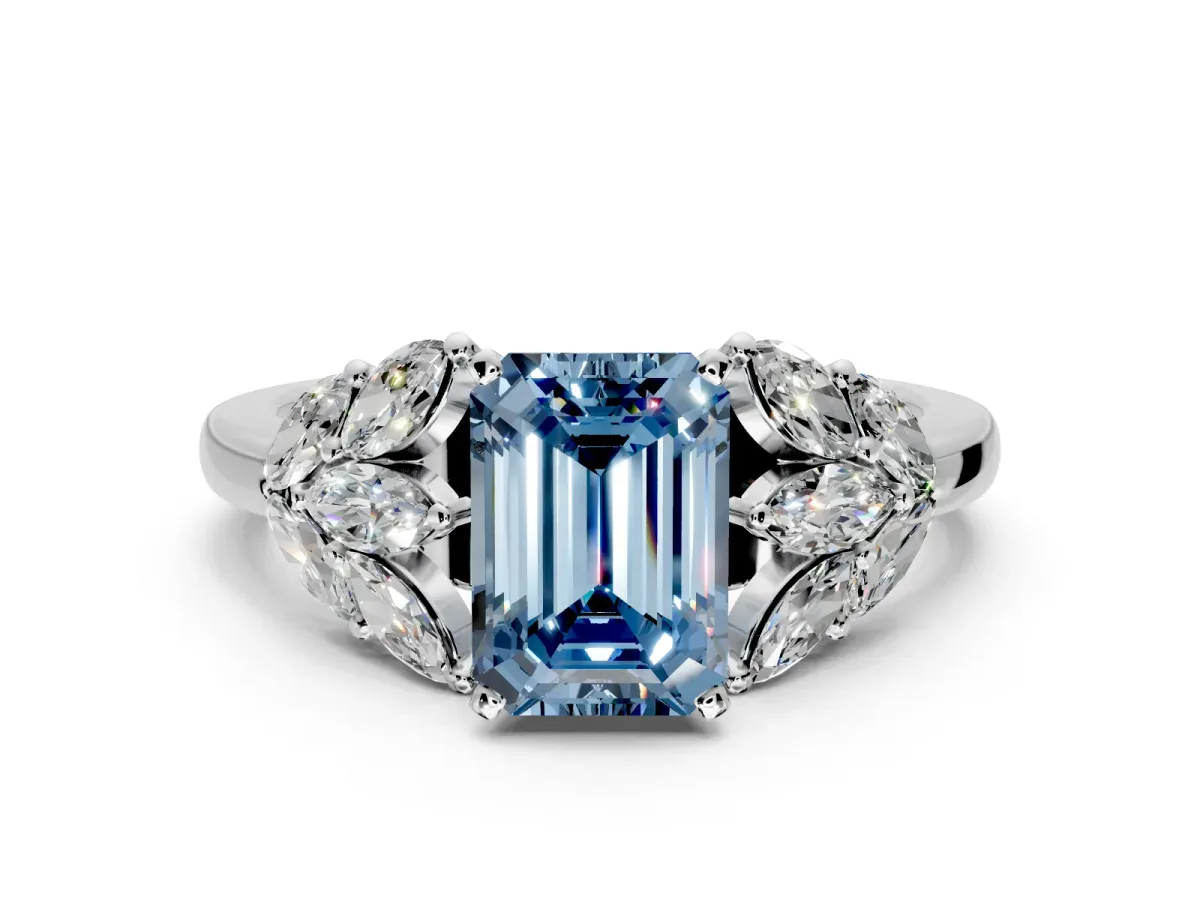 Leaf Cluster Engagement Ring Setting for Fancy Blue Emerald Cut Center with Marquise Accents and Prong Head in Platinum