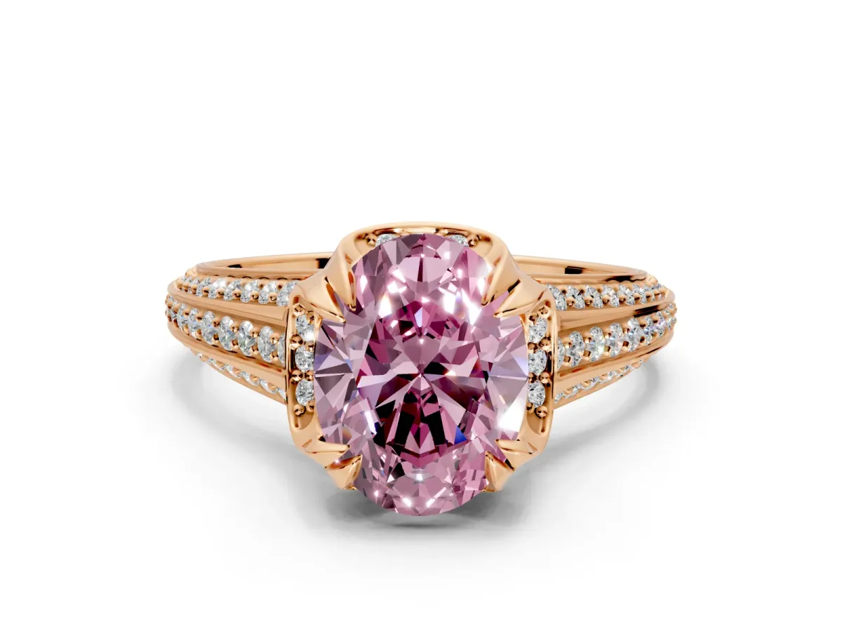 Solitaire Engagement Ring Setting for Fancy Pink Oval Center with Accented Split Shank and Prong Head in Rose Gold