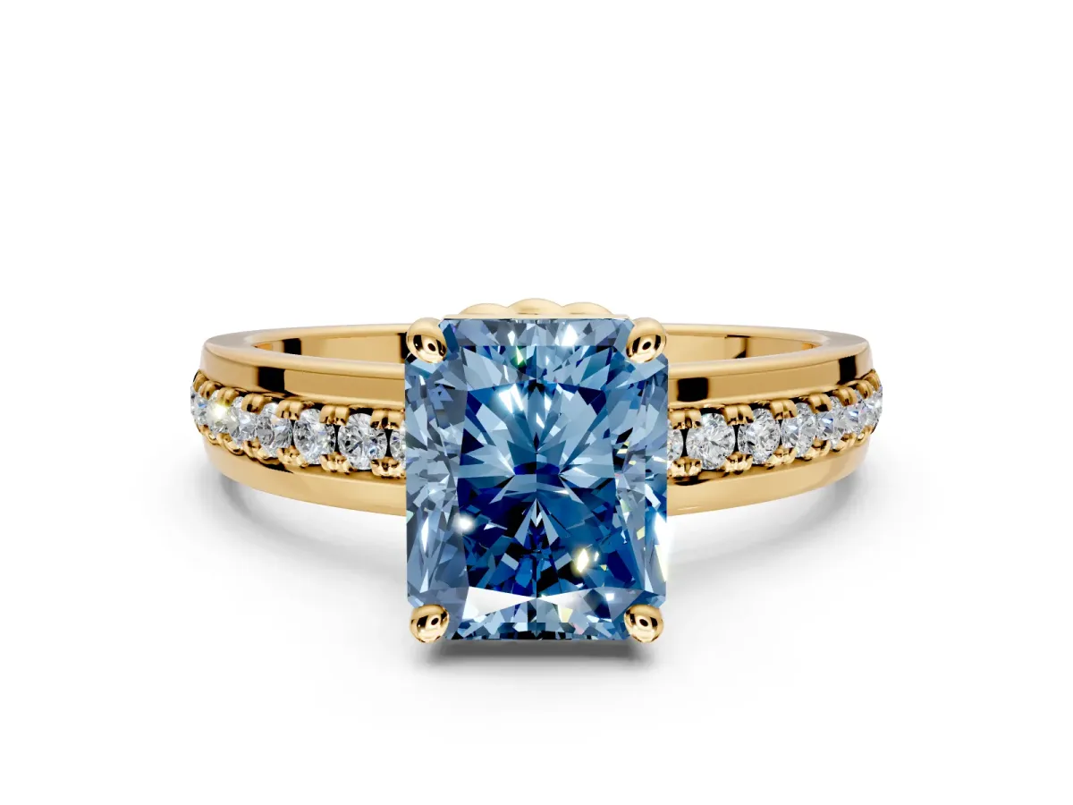 Solitaire Engagement Ring Setting for Fancy Blue Radiant Cut Center with Raised Channel Band and Prong Head in Yellow Gold