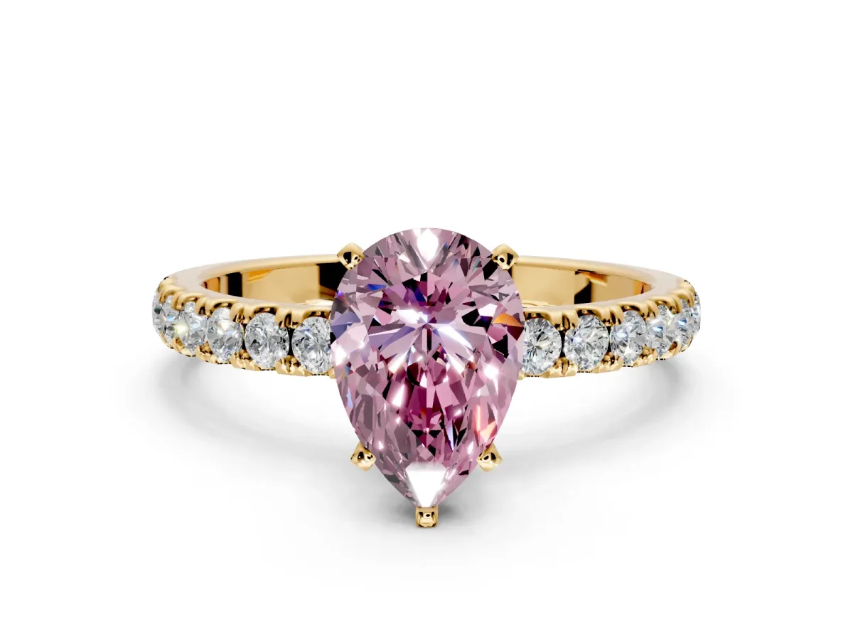 Open Basket Engagement Ring Setting for Fancy Pink Pear-Shaped Center with Pave Band and Prong Head in Yellow Gold