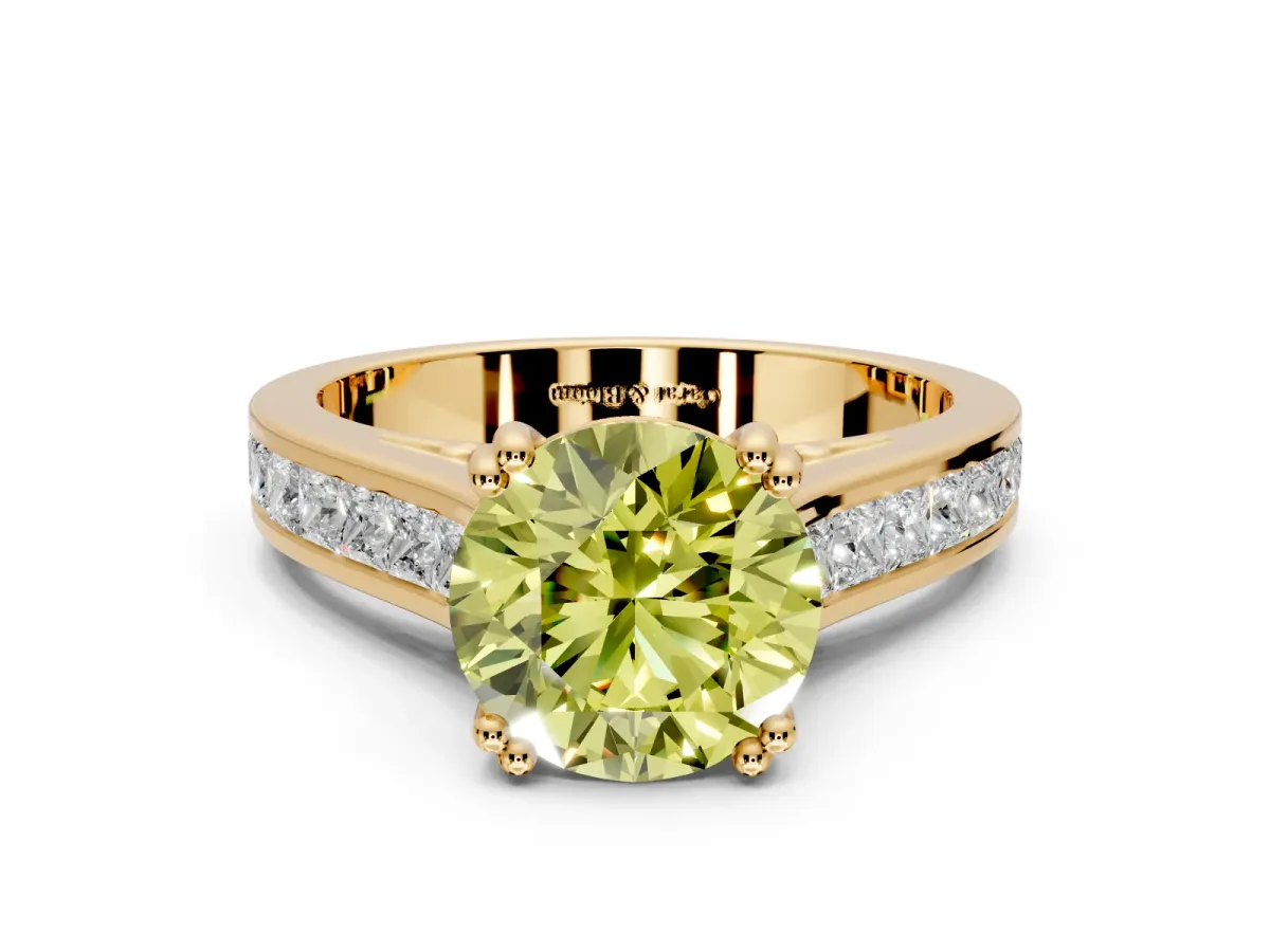 Solitaire Engagement Ring Setting for Fancy Yellow Round Cut Center with Channel Band and Double Claw Prong Head in Yellow Gold
