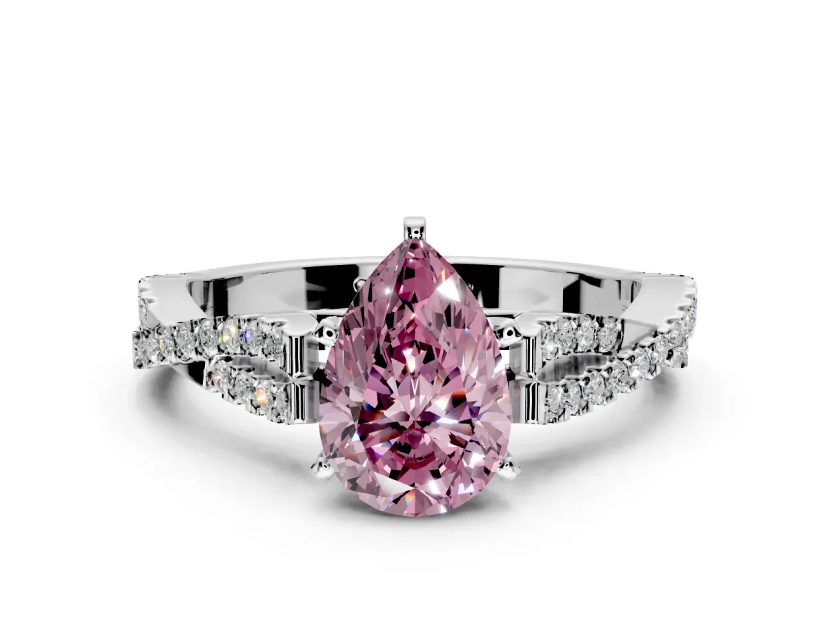 Solitaire Engagement Ring Setting for Fancy Pink Pear-Shaped Center with Twisted Pave Split Shank and Prong Head in Platinum