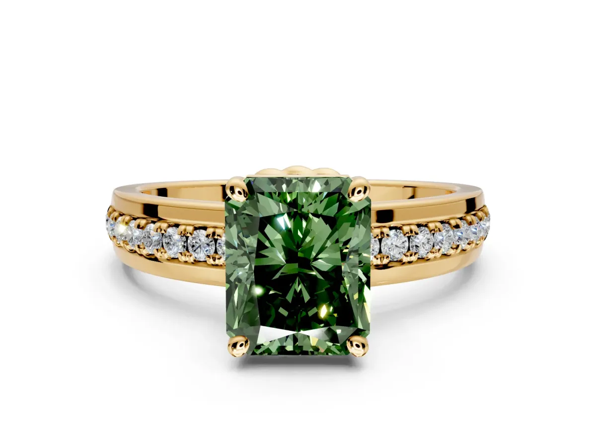 Solitaire Engagement Ring Setting for Fancy Green Radiant Cut Center with Raised Channel Band and Prong Head in Yellow Gold