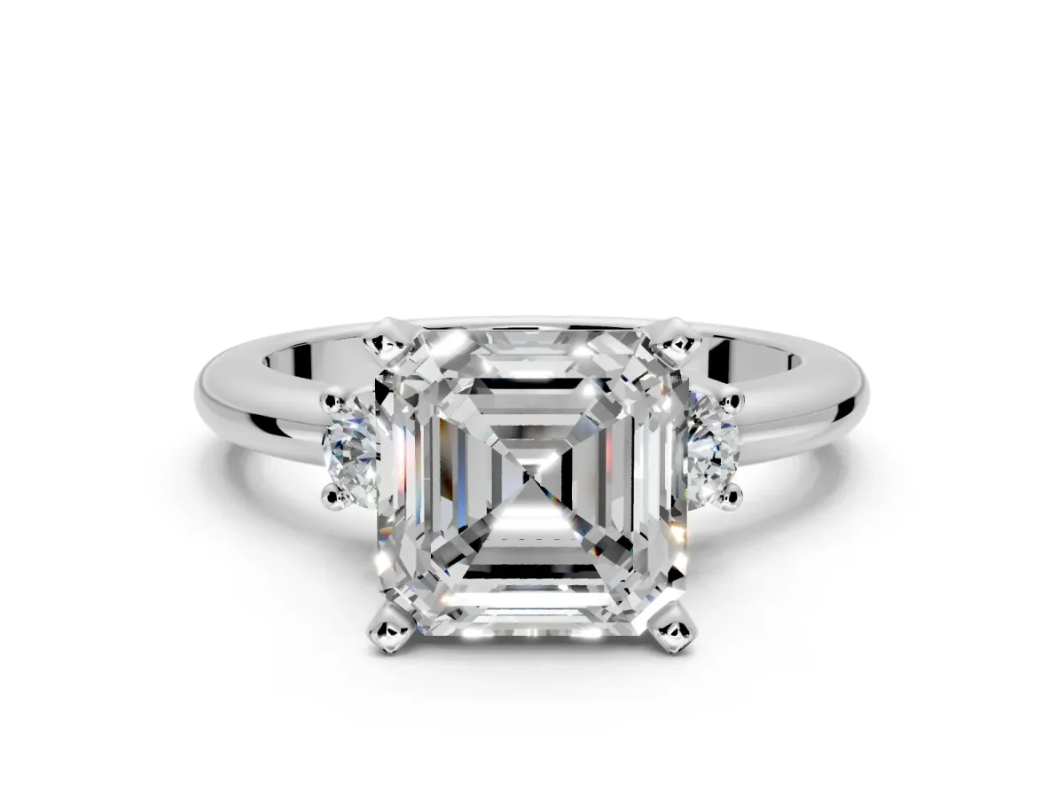 3 Stone Engagement Ring Setting for Asscher Cut Center with Wide Plain Band and Prong Head in White Gold