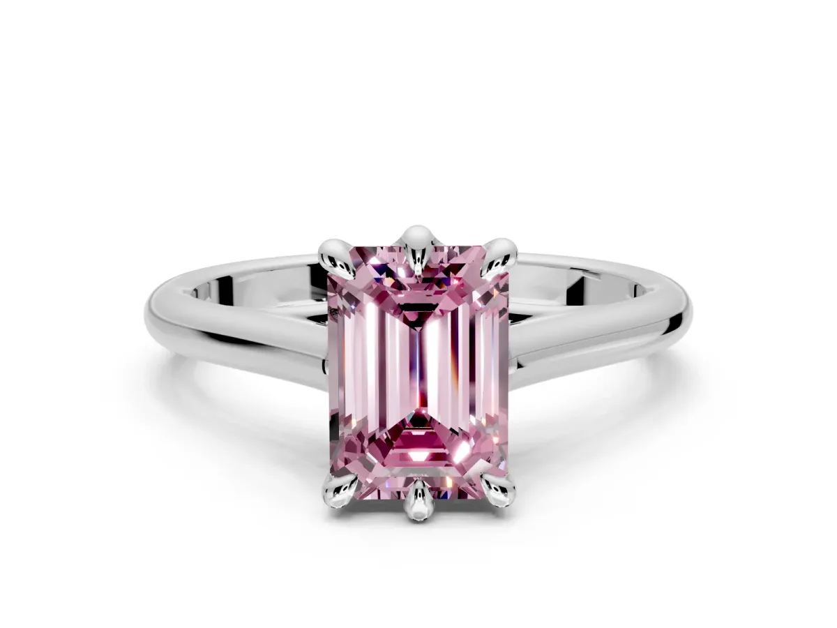 Solitaire Engagement Ring Setting for Fancy Pink Emerald Cut Center with Cathedral Band and Prong Head in White Gold