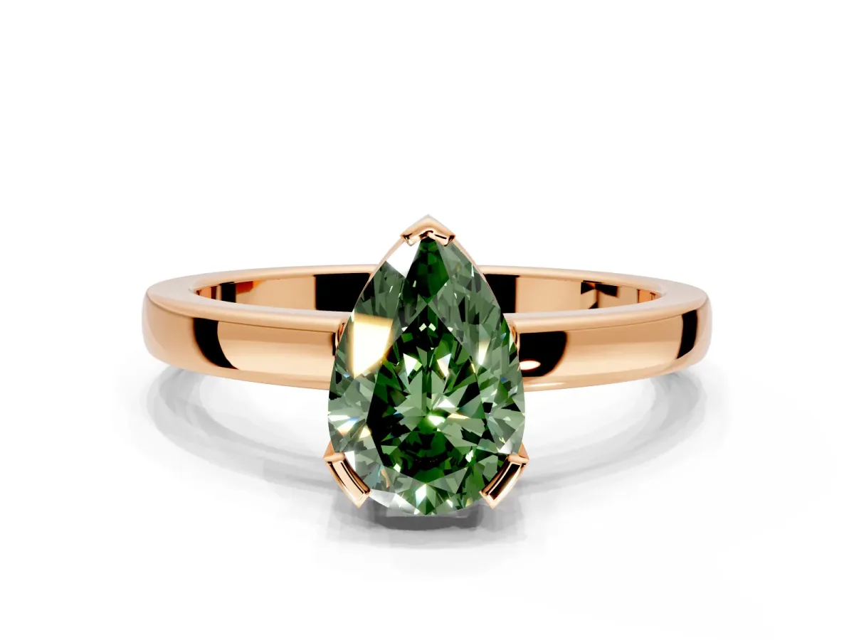 Solitaire Engagement Ring Setting for Fancy Green Pear-Shaped Center with Plain Band and Flat Tab Prong Head in Rose Gold