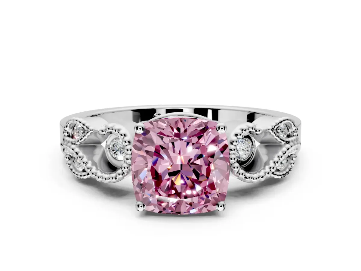Leaf Engagement Ring Setting for Fancy Pink Cushion Cut Center with Milgrain Accent Band and Prong Head in Sterling Silver