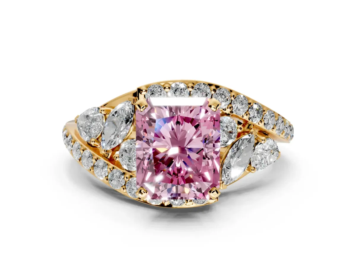 Halo Engagement Ring Setting for Fancy Pink Radiant Cut Center with Marquise and Pave Bypass Band and Prong Head in Yellow Gold