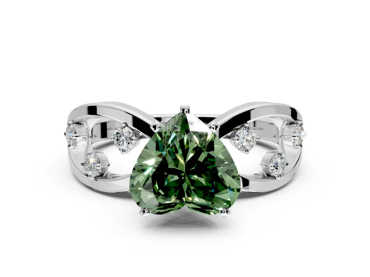 Solitaire Engagement Ring Setting for Fancy Green Heart-Shaped Center with Criss-Cross Accent Band and Prong Head in Platinum