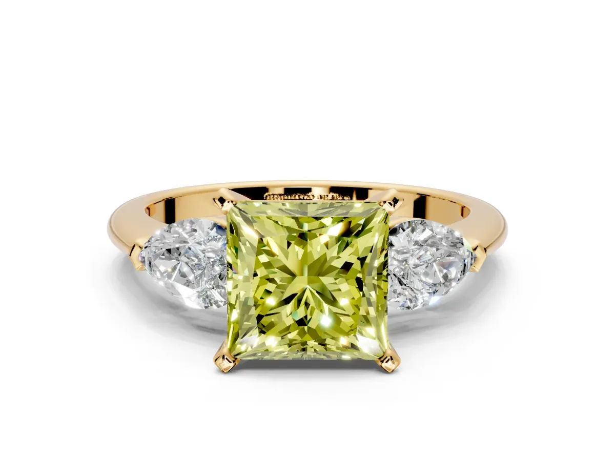 3 Stone Engagement Ring Setting for Fancy Yellow Princess Cut Center with Large Pear-Shaped Accents and Prong Head in Yellow Gold
