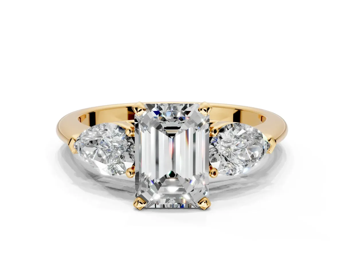 3 Stone Engagement Ring Setting for Emerald Cut Center with Large Pear-Shaped Accents and Prong Head in Yellow Gold