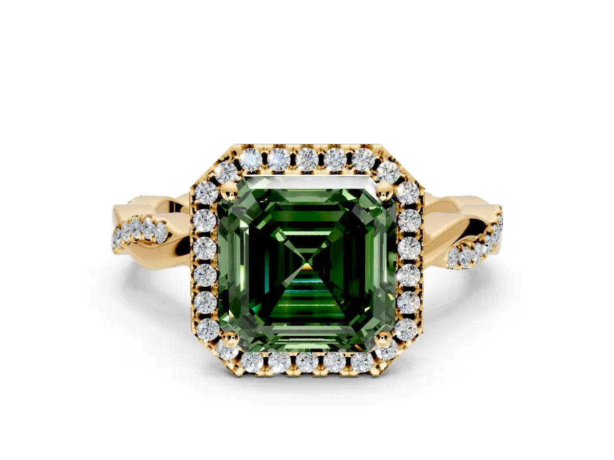 Halo Engagement Ring Setting for Fancy Green Asscher Cut Center with Pave and Plain Twist Band and Prong Head in Yellow Gold