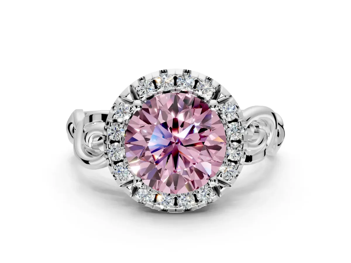 Halo Engagement Ring Setting for Fancy Pink Round Cut Center with Open Scroll Shoulders and Prong Head in Sterling Silver