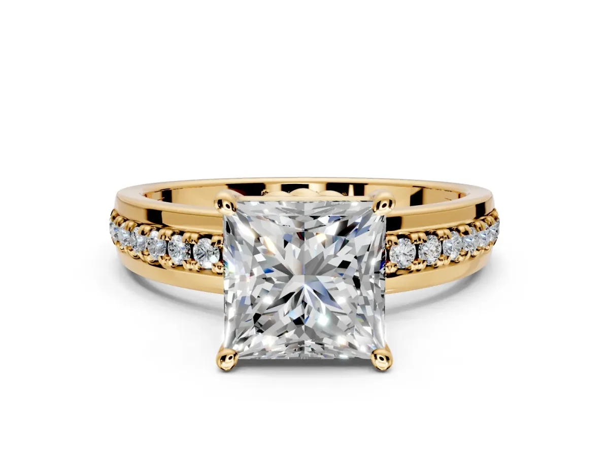 Solitaire Engagement Ring Setting for Princess Cut Center with Raised Channel Band and Prong Head in Yellow Gold