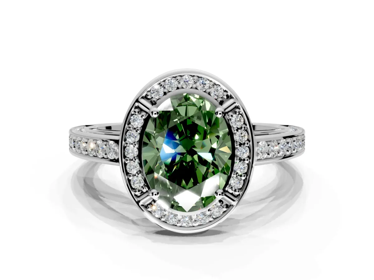Halo Engagement Ring Setting for Fancy Green Oval Center with Framed Halo, Pave Band and Prong Head in Sterling Silver
