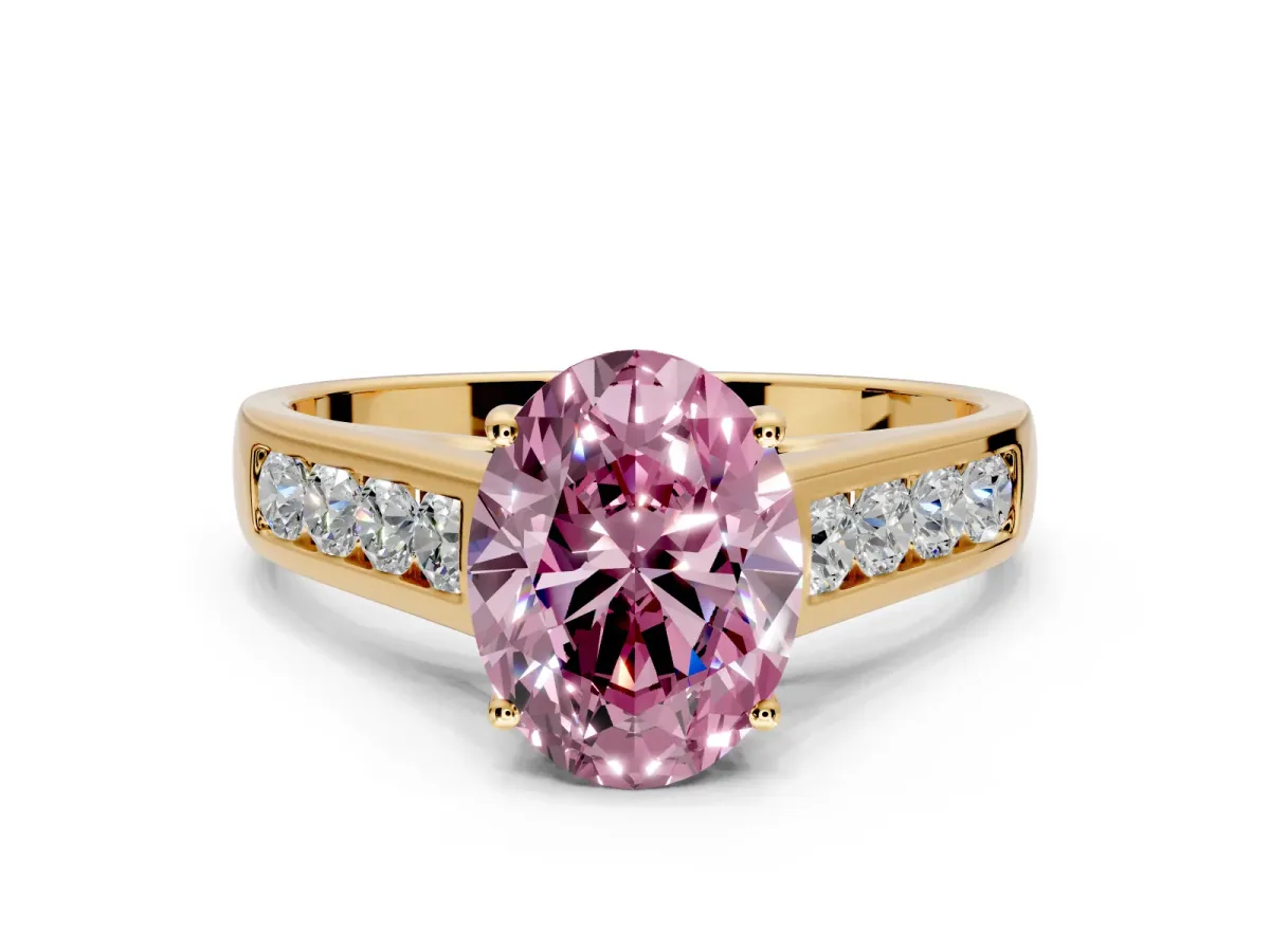 Solitaire Engagement Ring Setting for Fancy Pink Oval Center with Cathedral Channel Band and Prong Head in Yellow Gold