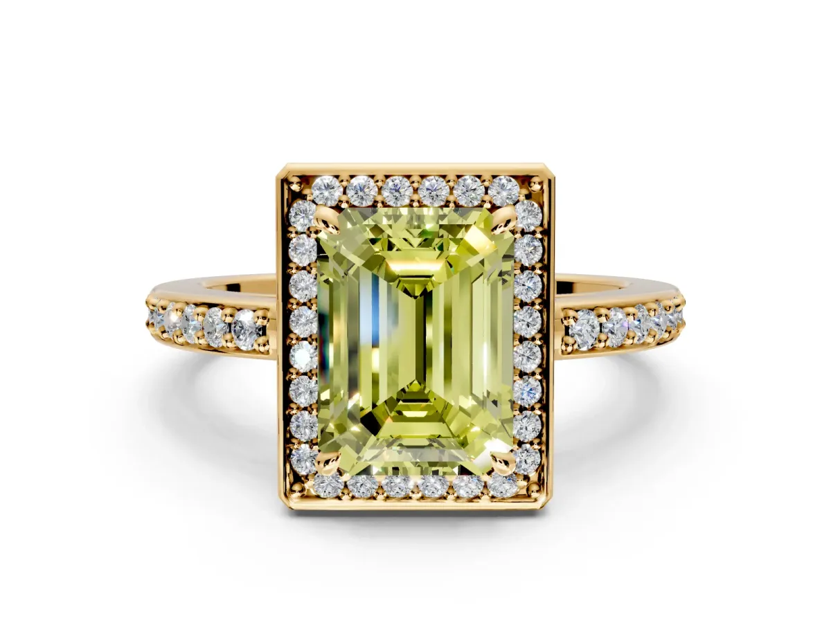 Halo Engagement Ring Setting for Fancy Yellow Emerald Cut Center with Metal-Rimmed Halo, Pave Band and Prong Head in Yellow Gold