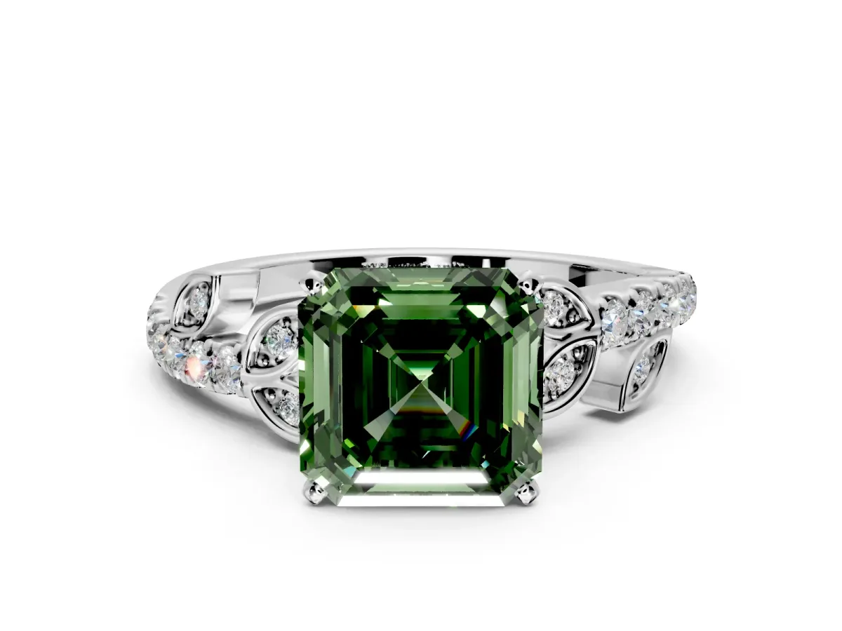 Leaf Motif Engagement Ring Setting for Fancy Green Asscher Cut Center with Pave Band and Prong Head in Platinum