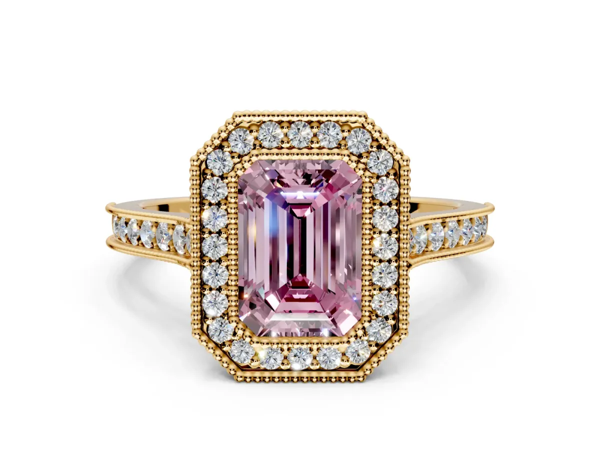 Halo Engagement Ring Setting for Fancy Pink Emerald Cut Center with Milgrain Pave Band and Bezel Head in Yellow Gold