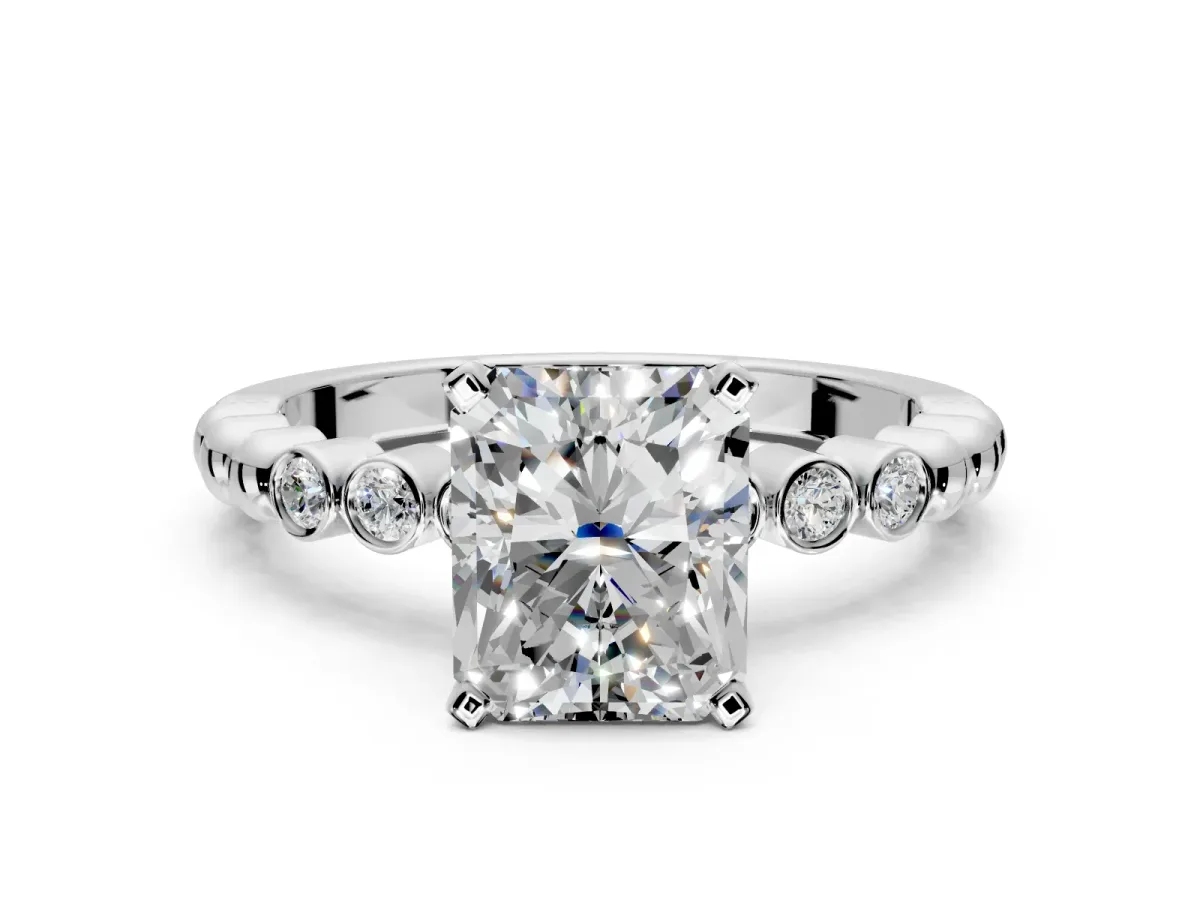 Solitaire Engagement Ring Setting for Radiant Cut Center with Bezel-Dot Beaded Band and Prong Head in Sterling Silver