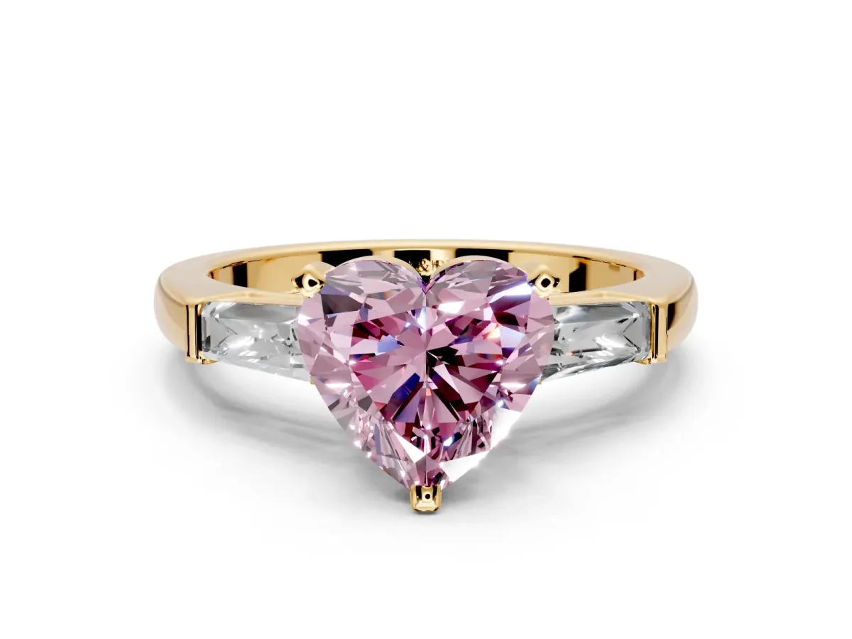 3 Stone Engagement Ring Setting for Fancy Pink Heart-Shaped Center with Tapered Baguettes, Plain Band and Prong Head in Yellow Gold