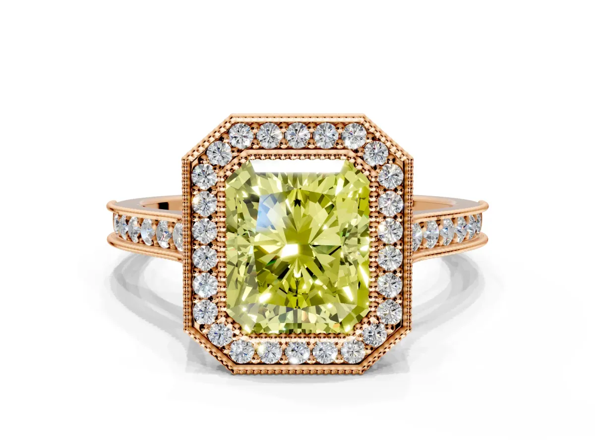 Halo Engagement Ring Setting for Fancy Yellow Radiant Cut Center with Milgrain Pave Band and Bezel Head in Rose Gold