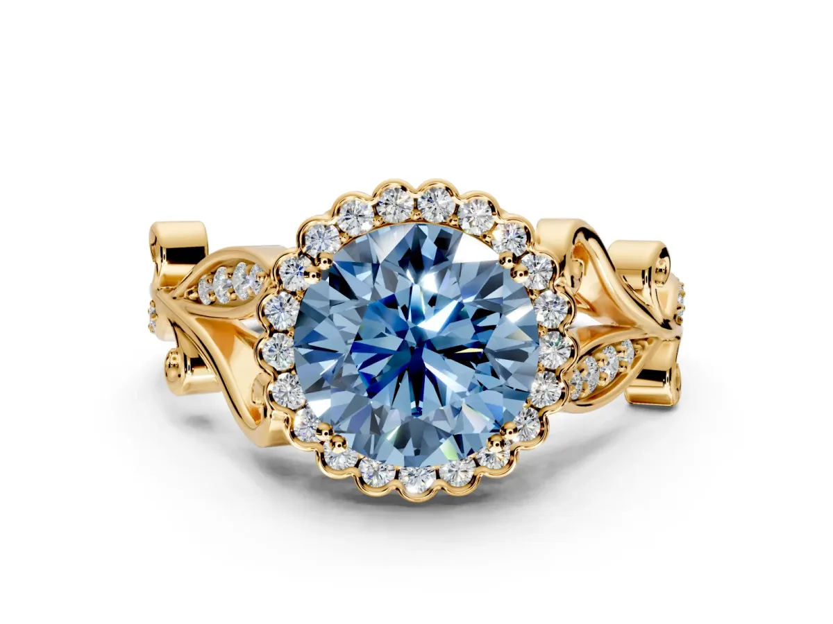 Halo Engagement Ring Setting for Fancy Blue Round Cut Center with Leaf Motif Split Shank and Prong Head in Yellow Gold