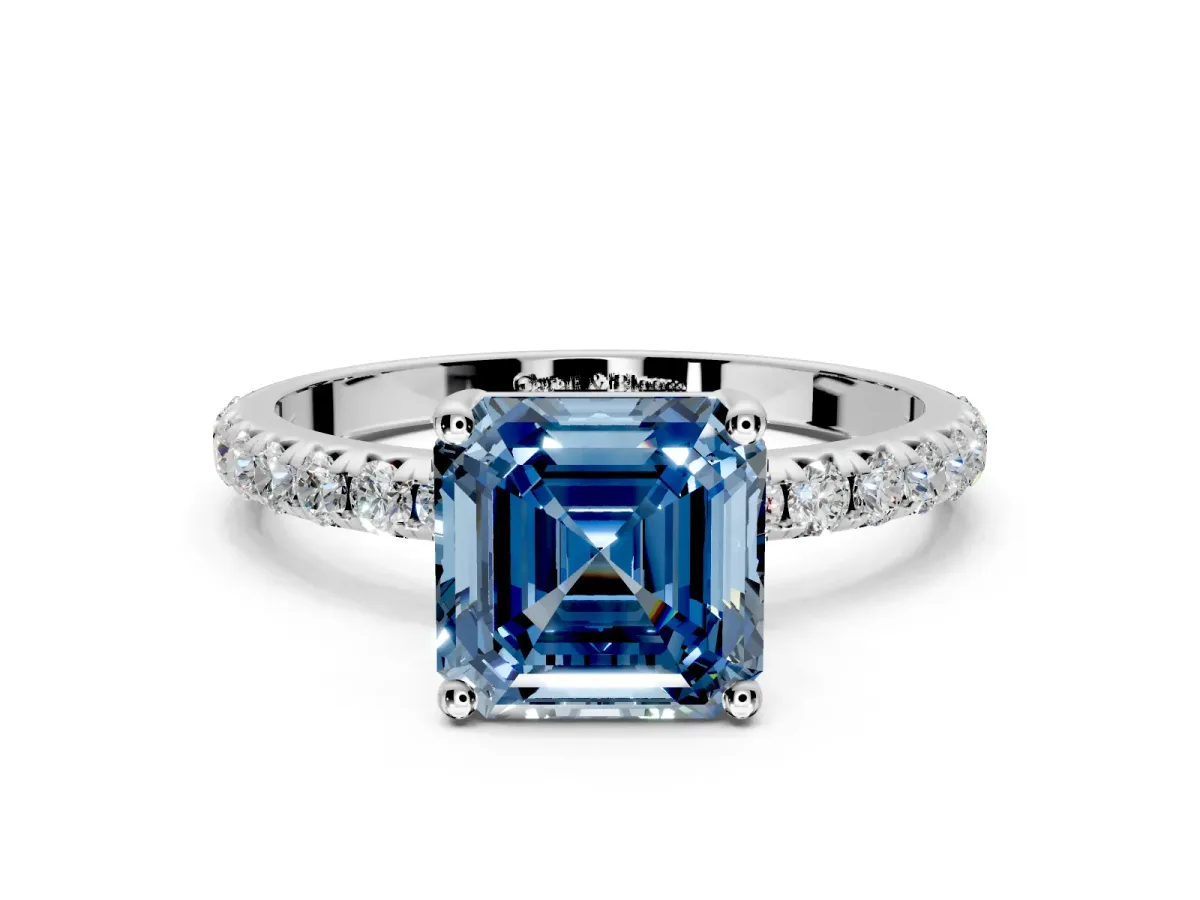 Solitaire Engagement Ring Setting for Fancy Blue Asscher Cut Center with Micro Pave Band and Prong Head in Platinum