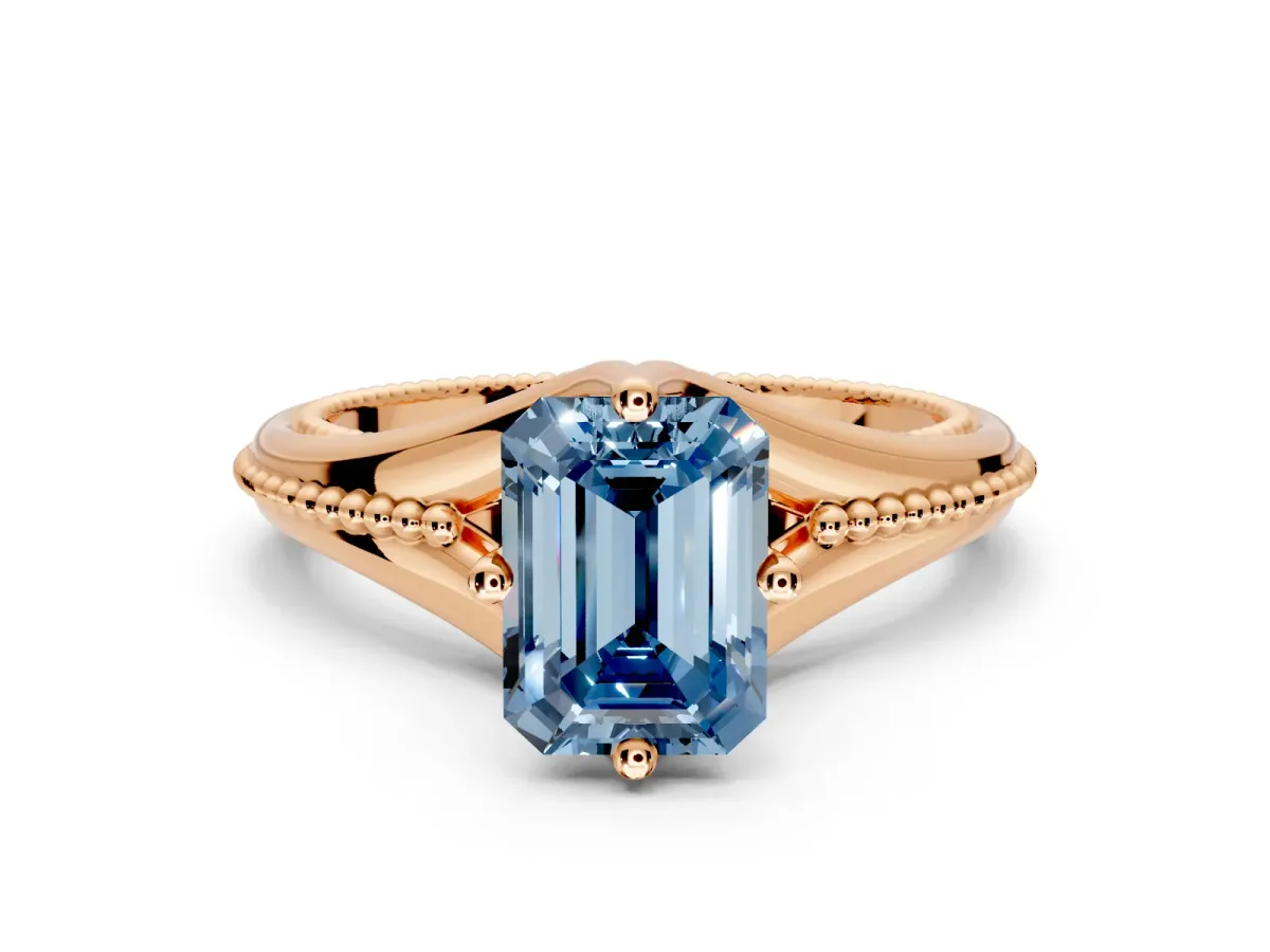 Solitaire Engagement Ring Setting for Fancy Blue Emerald Cut Center with Milgrain Cathedral Band and Prong Head in Rose Gold