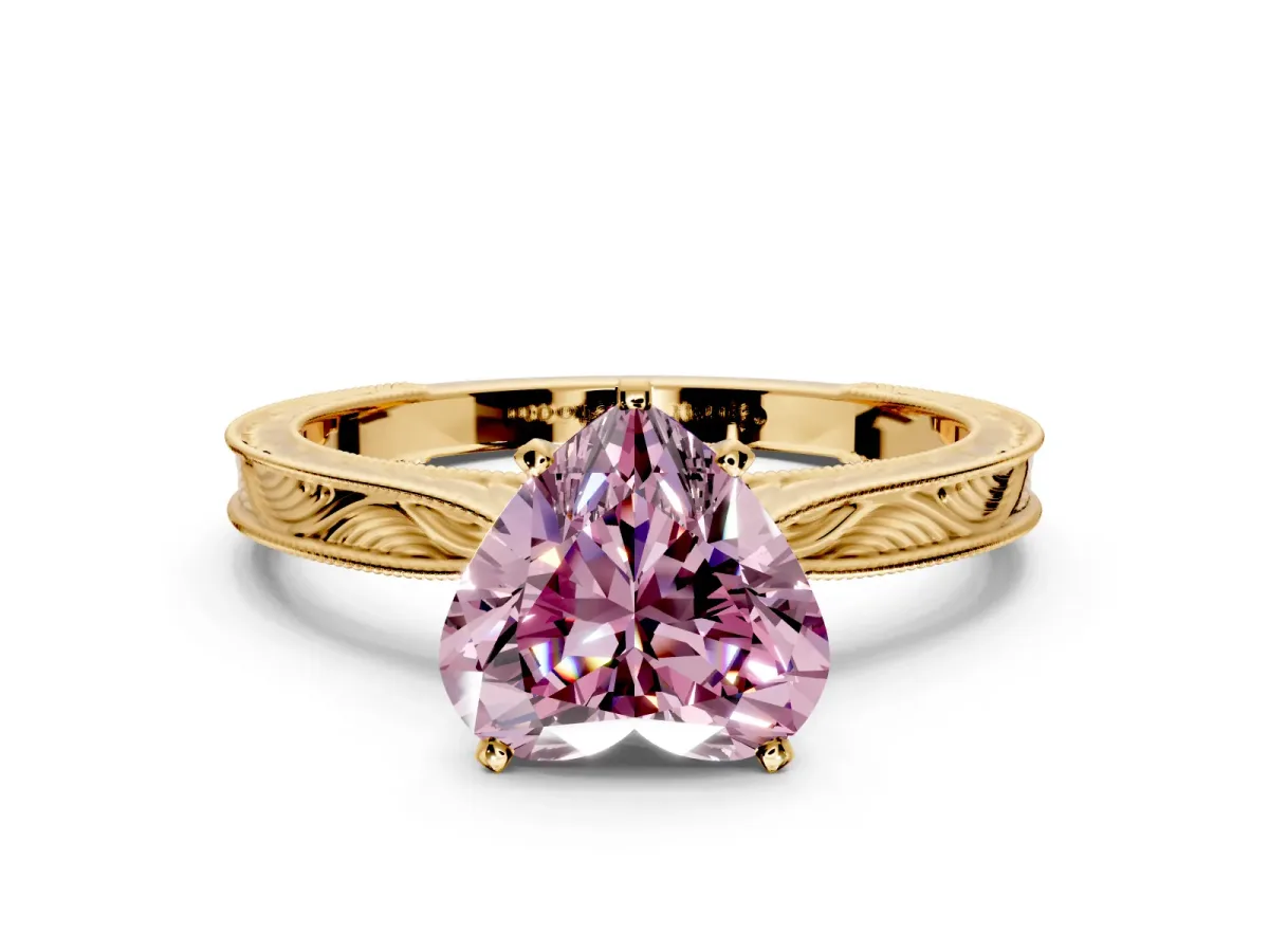 Solitaire Engagement Ring Setting for Fancy Pink Heart-Shaped Center with Engraved Milgrain Band and Prong Head in Yellow Gold