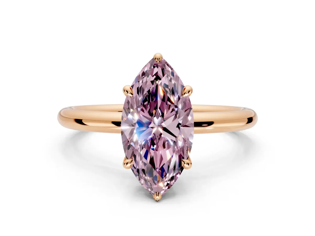 Hidden Halo Engagement Ring Setting for Fancy Pink Marquise Center with Thin Rounded Band and Prong Head in Rose Gold