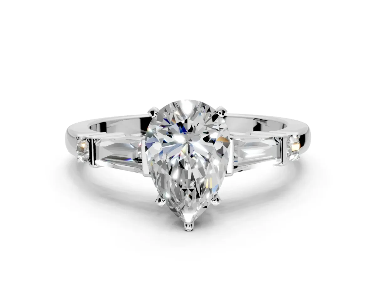 Bar-Set Engagement Ring Setting for Pear-Shaped Center with Tapered Baguette Accents and Prong Head in Platinum