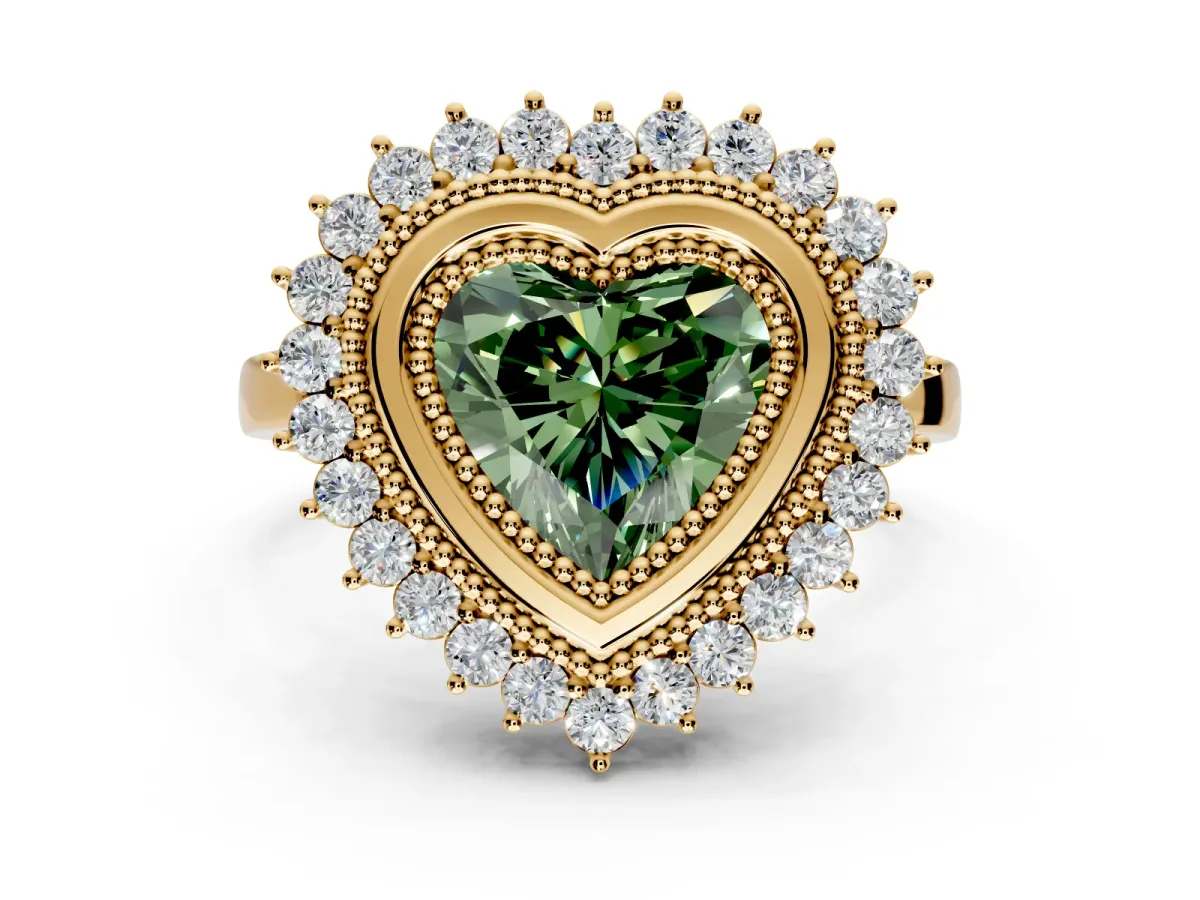 Halo Engagement Ring Setting for Fancy Green Heart-Shaped Center with Milgrain Bezel Rim, Plain Band and Prong Head in Yellow Gold