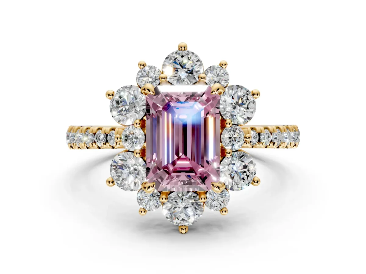 Floral Halo Engagement Ring Setting for Fancy Pink Emerald Cut Center with Pave Accents and Prong Head in Yellow Gold