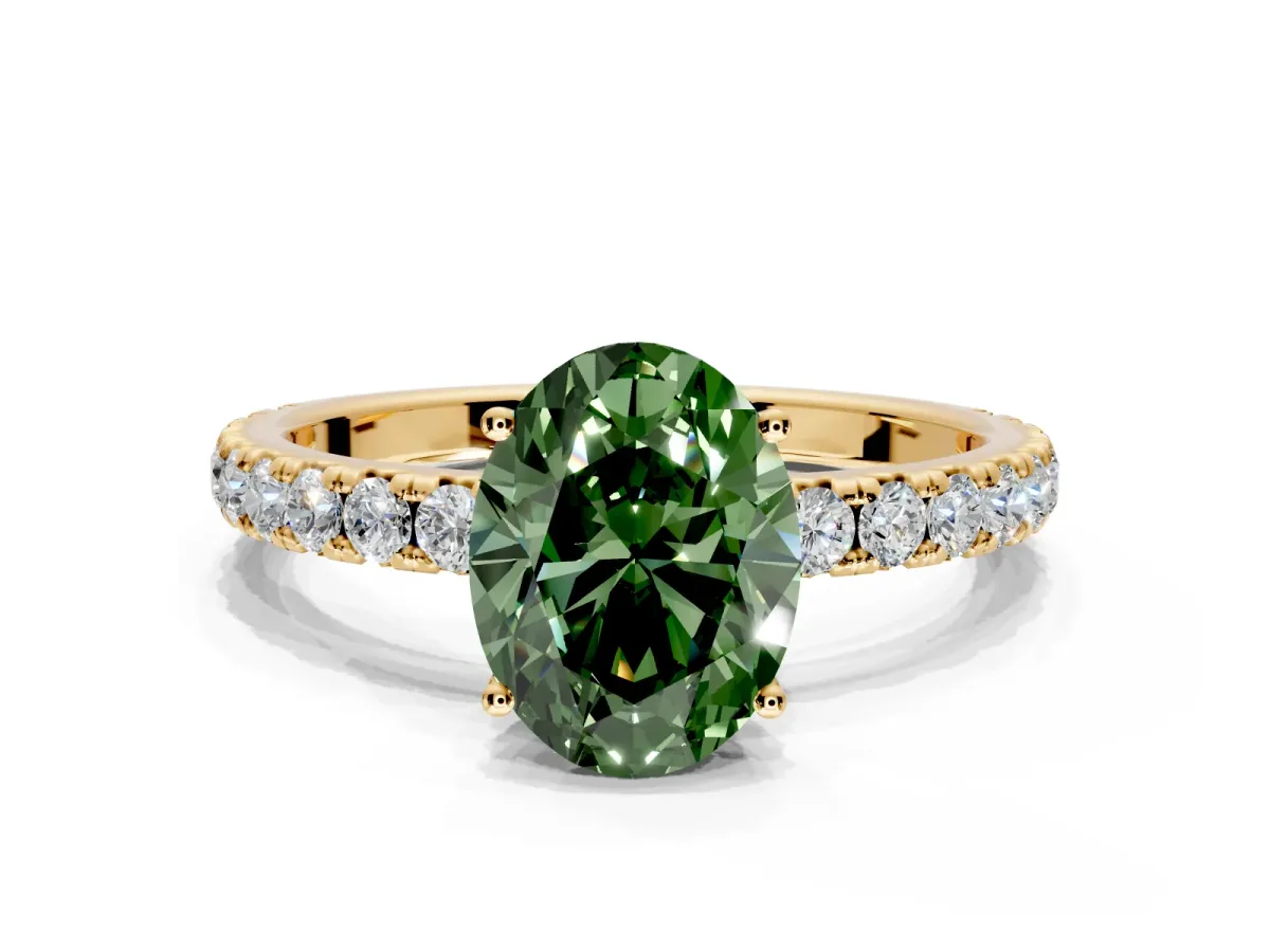Solitaire Engagement Ring Setting for Fancy Green Oval Center with Large Accent Band and Prong Head in Yellow Gold