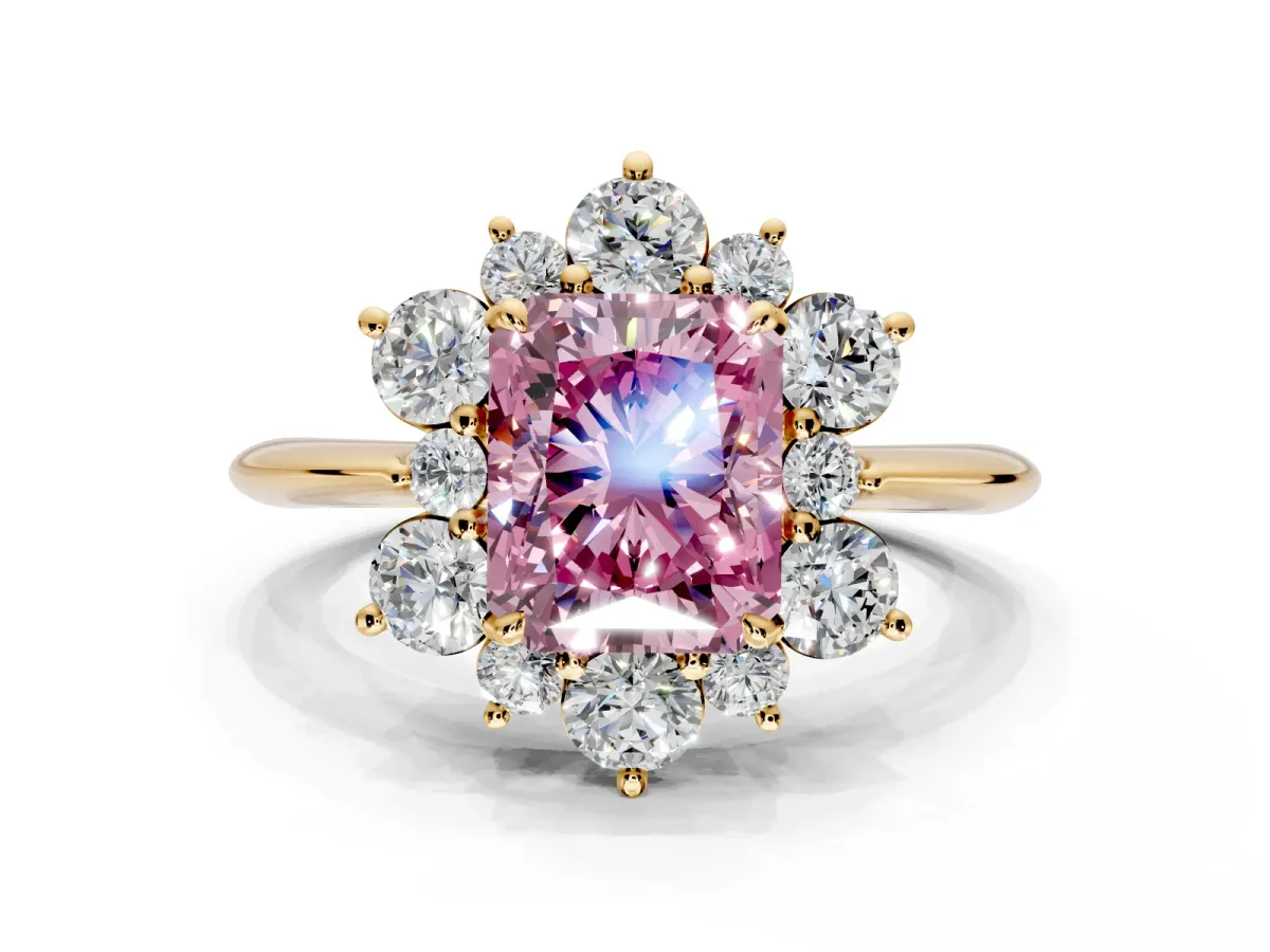 Small-Accent Cluster Halo Engagement Ring Setting for Fancy Pink Radiant Cut Center with Plain Band and Prong Head in Yellow Gold