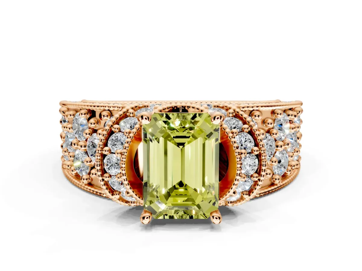 Pave Engagement Ring Setting for Fancy Yellow Emerald Cut Center with Curved Accent Rows, Openwork and Prong Head in Rose Gold