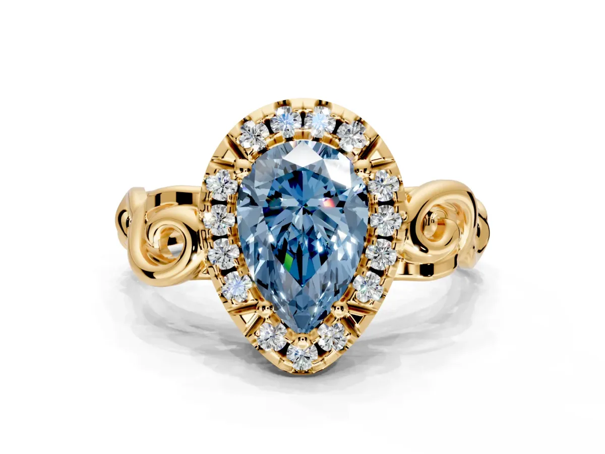 Halo Engagement Ring Setting for Fancy Blue Pear-Shaped Center with Open Scroll Shoulders and Prong Head in Yellow Gold