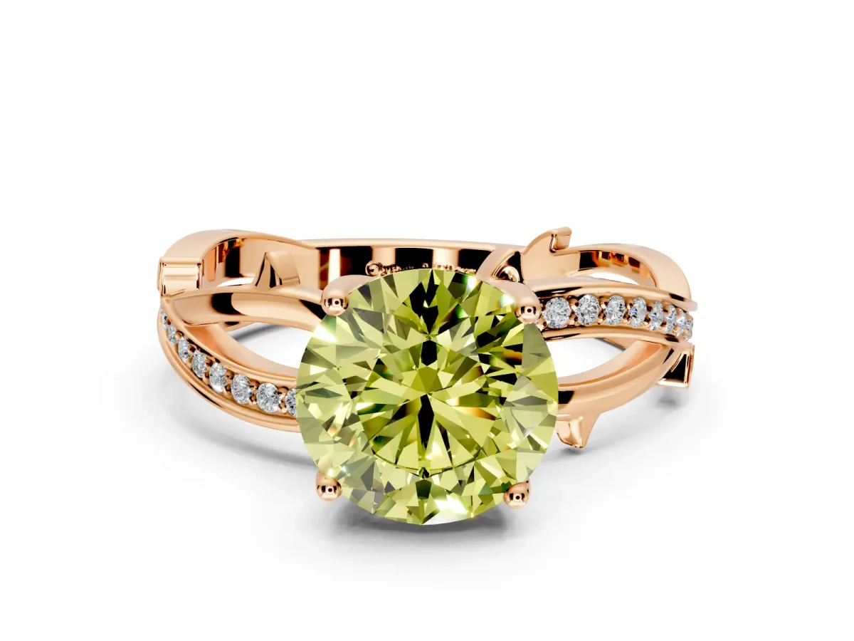 Solitaire Engagement Ring Setting for Fancy Yellow Round Cut Center with Pave and Plain Crossover Band and Prong Head in Rose Gold