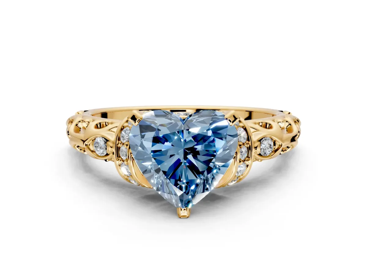 Solitaire Engagement Ring Setting for Fancy Blue Heart-Shaped Center with Filigree Band and Prong Head in Yellow Gold
