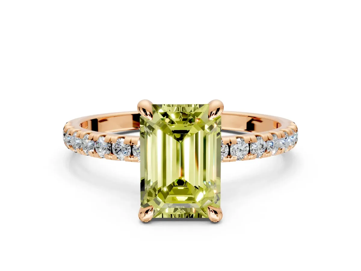 Solitaire Engagement Ring Setting for Fancy Yellow Emerald Cut Center with Fine Pave Narrow Band and Prong Head in Rose Gold